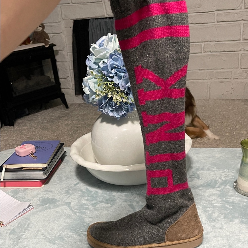 PINK Gray and Pink Striped Knee-High Slippers